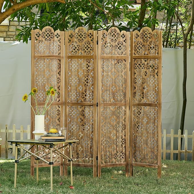 68.9Inch Folding Room Divider, 4 Panels Wood Carved Privacy Screens - Ideal Decorative Partition for Home, Office, Restaurant, Bedroom (Dark Brown)