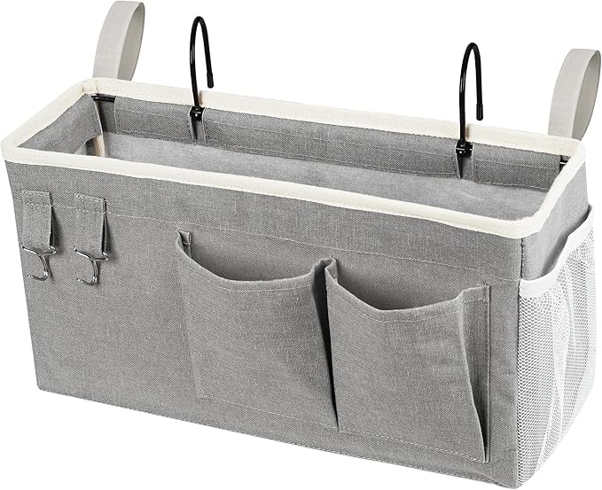 Loghot Bedside Caddy/Bedside Storage Bag Hanging Organizer for Bunk and Hospital Beds,Dorm Rooms Bed Rails,Can be Placed Glasses,Books,Mobile Phones,Keys (Grey)