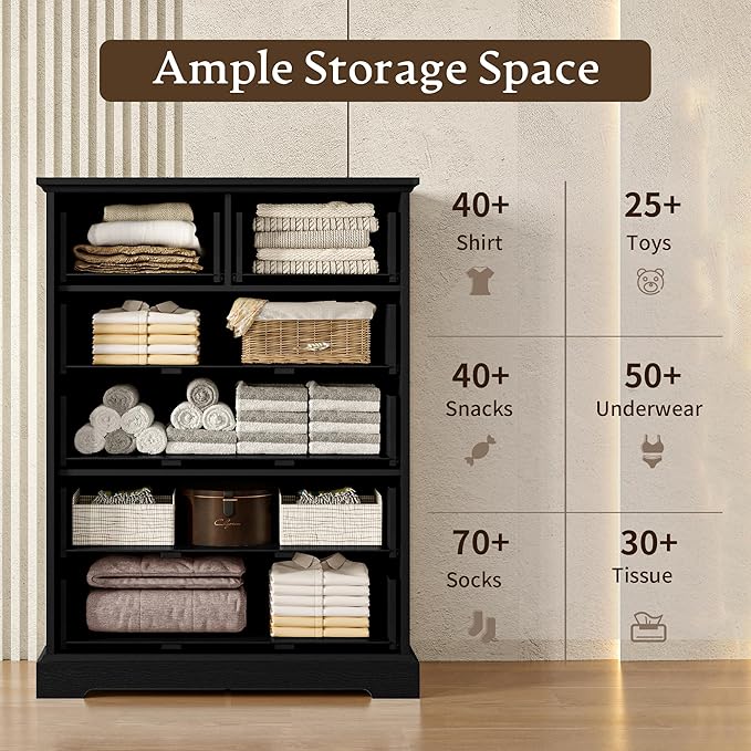 Farmhouse 6 Drawers Dresser for Bedroom, 43" Tall Wood Chest of Drawers with Deep Drawers & Bar Handles, Modern Dresser TV Stand, Rustic Wooden Closet Storage Organizer for Living Room, Hallway, Black