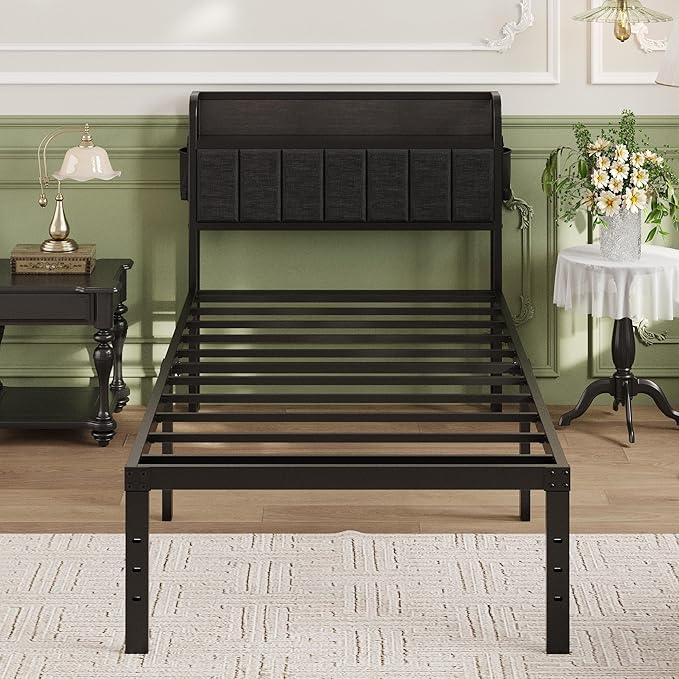 16 Inch Twin XL Bed Frames with Storage Headboard, Modern Design Metal XL Twin Bed Frame No Box Spring Needed, Easy Assembly, Black