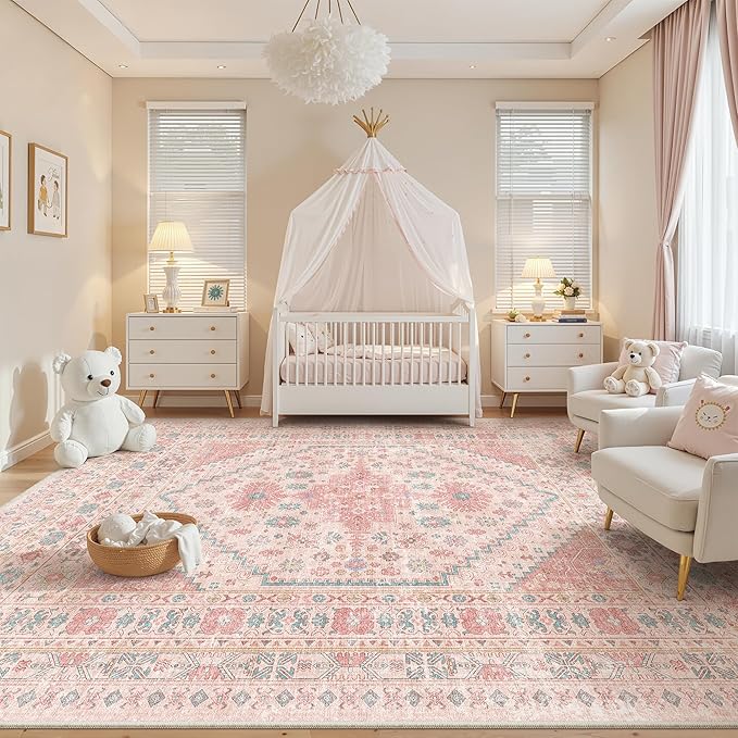 zesthome 8x10 Area Rugs for Girls Bedroom, Non-Slip Backing Washable Rugs, Vintage Large Pink Rug, Stain Resistant Nursery Room Rug (Pink/Blue,8'x10')