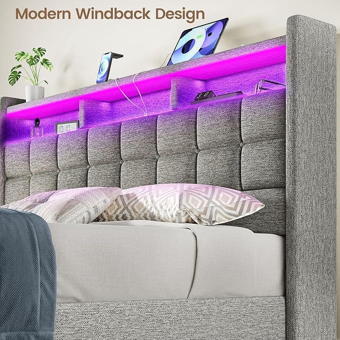 Lift Up King Size Bed Frame with Storage, Upholstered King Bed Frame with Charging Station and LED Lights Headboard, No Box Spring Needed, Easy Assembly - Light Grey