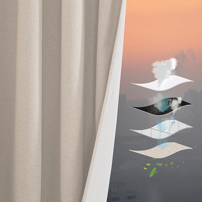 RYB HOME 4 in 1 Set Dust Filter - Soundproof - Blackout - Insulating, Energy Efficiency Linen Curtains for Kids Bedroom Living Room Divider Apartment Hotel Office Theatre, Taupe, W 52 x L 108, 2 Pcs