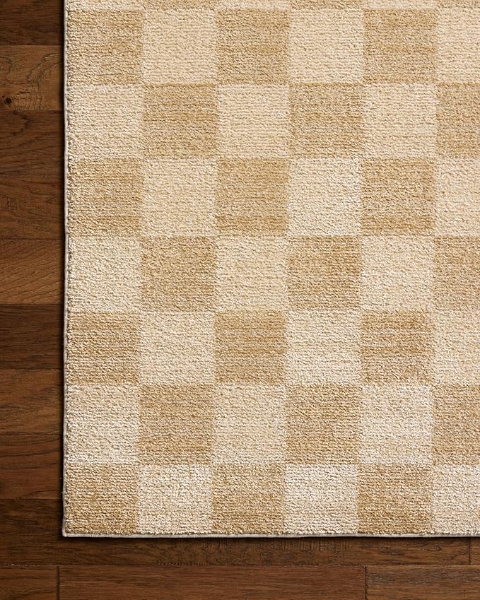 Loloi Chris Loves Julia Calvin Collection CLV-01 Wheat/Ivory 5'-3" x 5'-3" Round Area Rug Checkered Neutral Soft Living Room Bedroom Carpet