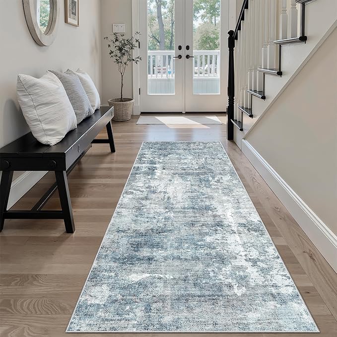 Runner Rug 2'x6' Abstract Washable Non-Slip Runner Rugs for Kitchen Bathroom Laundry Room Blue Vintage Floor Carpet Runners for Hallway Entryway
