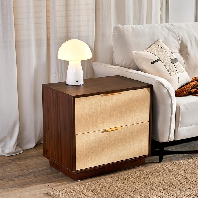 Saint Mossi Rattan Nightstands Set of 2 - Boho Bed Side Tables with 2 Storage Drawers, Mid Century Modern Sofa End Tables for Living Room, Walnut Finish with Golden Handle, W23xD15xH21