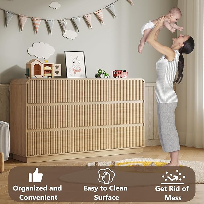 Dresser for Bedroom with 9 Drawers, Fluted Chest of Drawers with Round Curved Corner, Hidden Handles, Modern Wood Storage Organizer for Bedroom, Nursery, Living Room