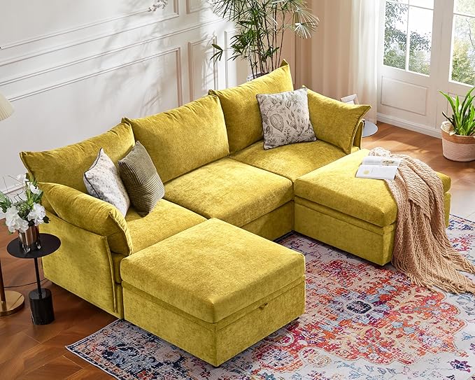 ABCASA 102.6" U Shaped Modular Sectional Sofa, 5 Seater Couch with Storage Ottoman Deep Seat and High Backrest with Removable Cover for Living Room, Apartment - Chenille Yellow