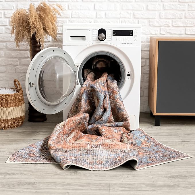 Bloom Rugs Washable Non-Slip 2' x 3' Rug - Terracotta/Blue Traditional Oriental Area Rug for Living Room, Bedroom, Dining Room, and Kitchen - Exact Size: 2' x 3'