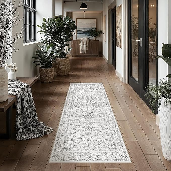 Grey 2x7 Runner Rug Vintage Area Carpet Hallway Indoor Kitchen Washable Neutral Low Pile Traditional Distressed Gray Retro Accent Throw Rug Non Slip for Laundry Bathroom Office