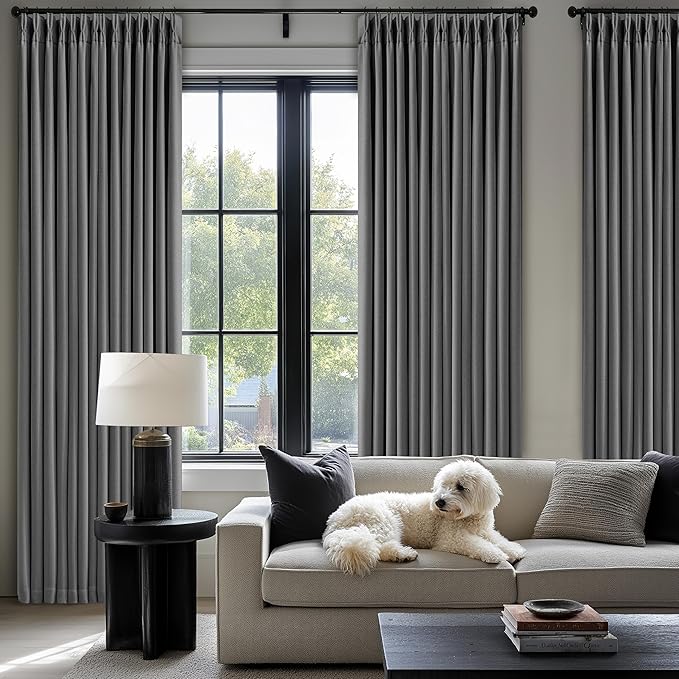 Dark Gray Linen Blackout Pleated 86 Inch Curtains for Living Room Darkening Pinch Pleat 100% Black Out Drapes Thermal Insulated Soundproof Charcoal Grey 86 Inch Curtain for Dining Bedroom