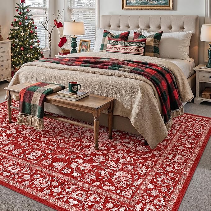 Christmas Area Rug 6x9 Red Washable Living Room Carpet Vintage Floral Holiday Decor Indoor Bedroom Accent Rug Decorative Non Slip Low Pile Xmas Carpet for Dining Room Office Playroom