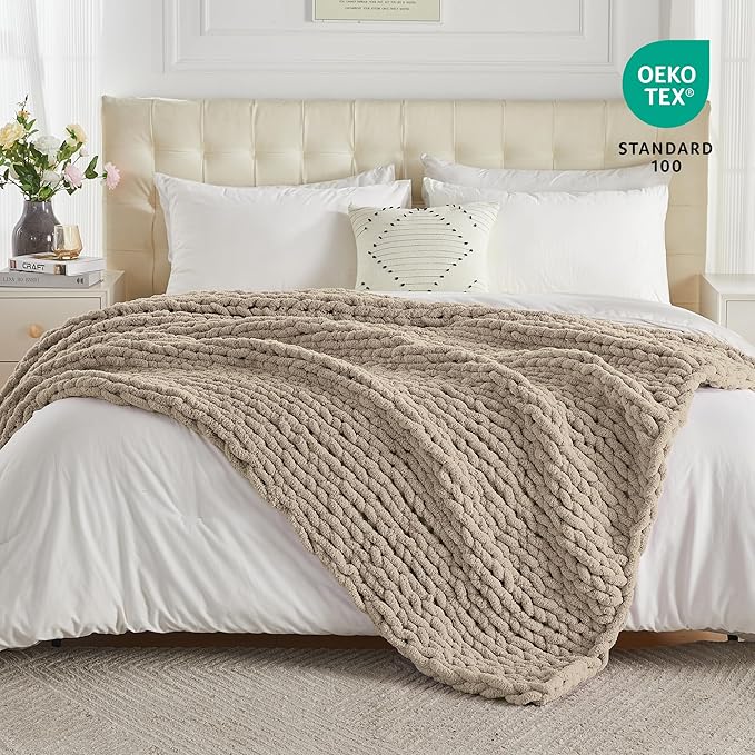 Carriediosa Chunky Knit Throw Blanket 60" X 80" Twin, 100% Hand Made Large Chenille Loop Yarn Soft Fluffy Throws for Couch Sofa Bed, Big Crochet Cozy Heavy Thick Cable Woven Blankets, Taupe