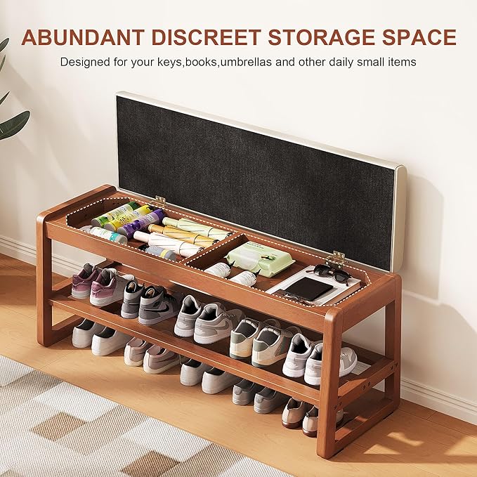 Shoe Bench Storage Rubberwood with Leather Cushion 39.4", Waterproof Easy to Clean 550LBS Organizer Shoe Rack for Entryway, Hallway, Mudroom, Front Door