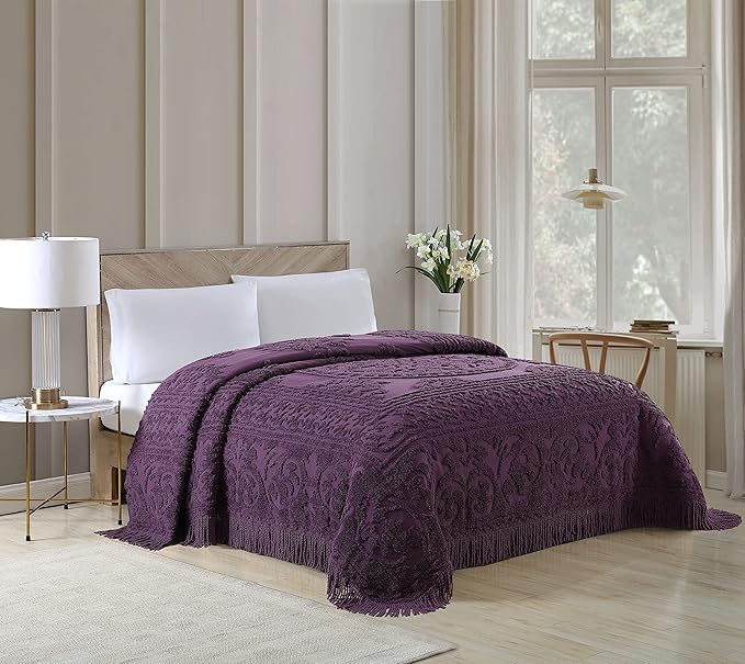 Beatrice Home Fashions Medallion Chenille Bedspread, Queen, Eggplant