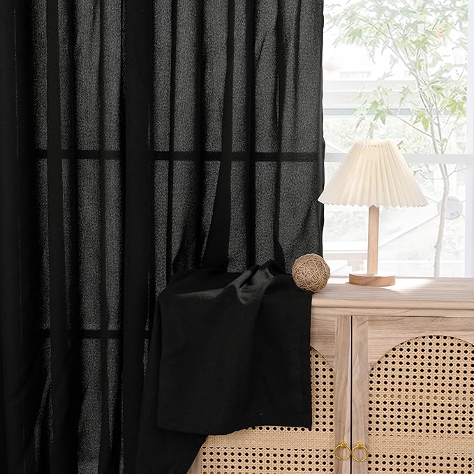 YoungsTex Black Linen Curtains 48 Inch Length for Short Windows, Light Filtering Semi Sheer Drapes with Bronze Grommet Privacy Halloween Decor for Kitchen Bathroom Living Room, 42 x 48 Inch, 2 Panels