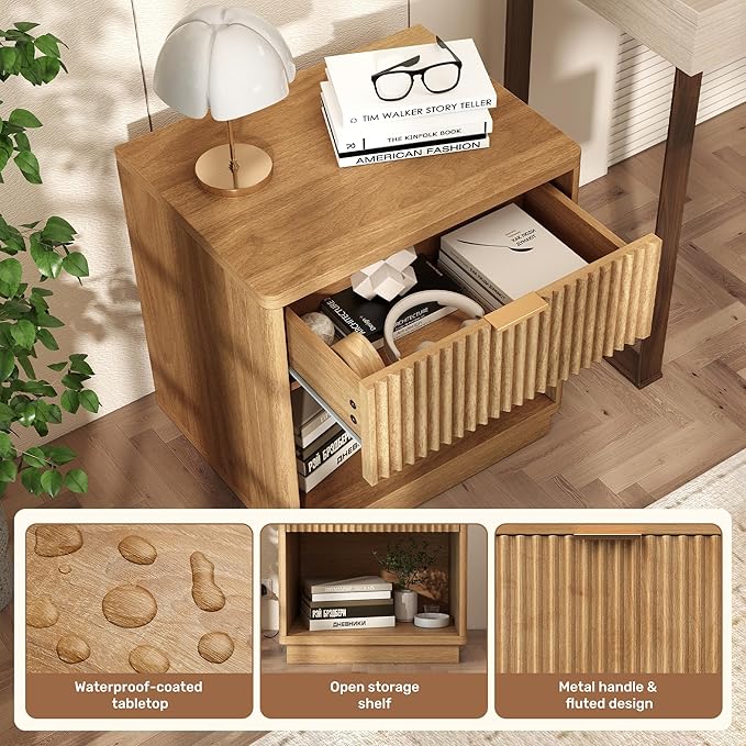 Miereirl Fluted Nightstands with Charging Station, LED Nightstand with Metal Handle Drawers, Natural-CP-1