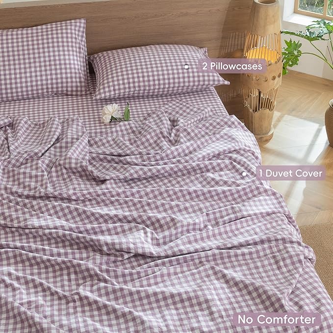 MooMee Gingham Duvet Cover Set 100% Washed Cotton Linen Like Textured Breathable Durable Soft Comfy Modern Checkered Design (Classic Gingham Light Purple, King 104"x90")