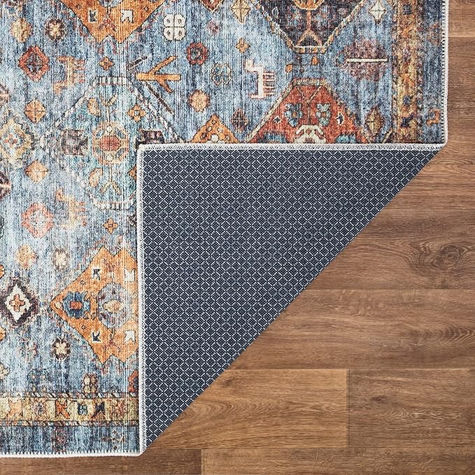 Bloom Rugs Washable Non-Slip 7 ft Runner - Blue/Orange Traditional Bordered Runner for Entryway, Hallway, Bathroom, and Kitchen - Exact Size: 2.5' x 7'