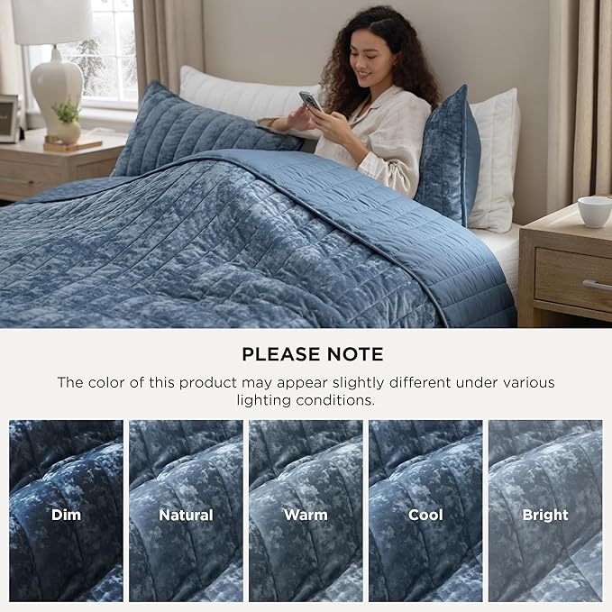 Bedsure Velvet Quilt King Size Set - 108"x96" Lightweight Velvet Comforter King, Oversized Luxury Bedspread Coverlet, Ultra-Soft Winter Bedding Set with 2 Pillow Shams, Blue