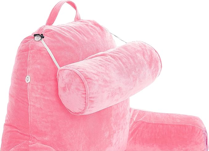 Husband Pillow Medium Pink, Backrest for Kids, Teens, Petite Adults - Reading Pillows with Arms, Adjustable Loft, Plush Memory Foam, Bed Rest Chair for Sitting Up, Detach Neck Roll, Removable Cover