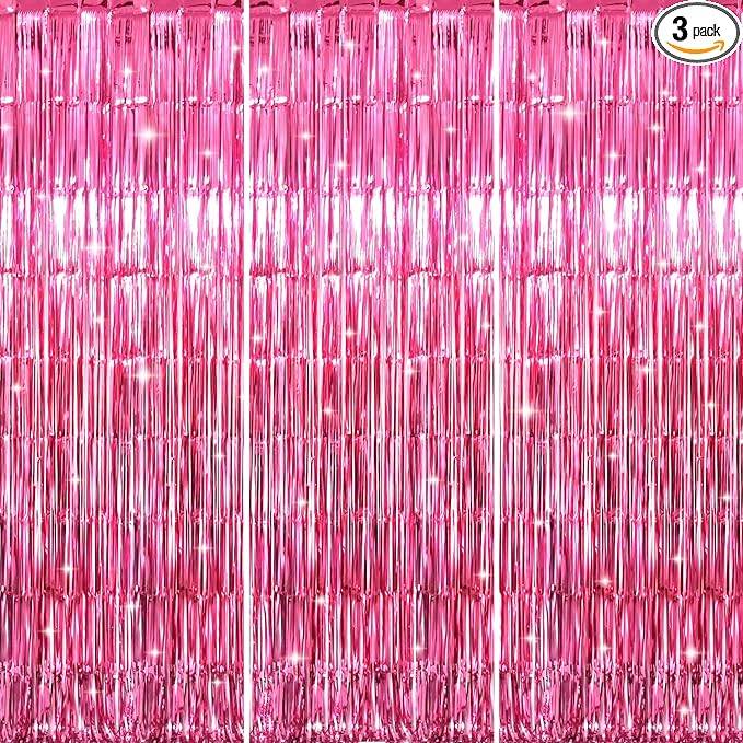 GOER 3.2 ft x 8.2 ft Metallic Tinsel Foil Fringe Curtains Party Photo Backdrop Party Streamers for Galentines Day,Birthday,Graduation,New Year Eve Decorations Wedding Decor (3 Pcs, Hot Pink)