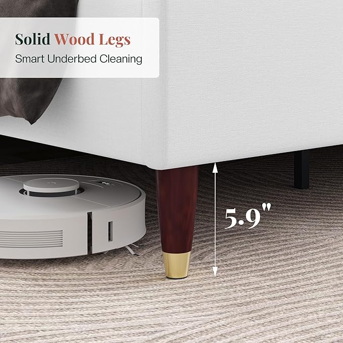 Jocisland Full Upholstered Platform Bed Frame with 51.2" Tall Wingback Headboard–Solid Wood Legs, No Box Spring Needed, White Linen–Modern Style for Any Bedroom
