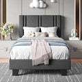Upholstered Twin Size Bed Frame with Linen Fabric Headboard, Strong Wooden Slats Support, Noise Free, No Box Spring Needed, Dark Grey