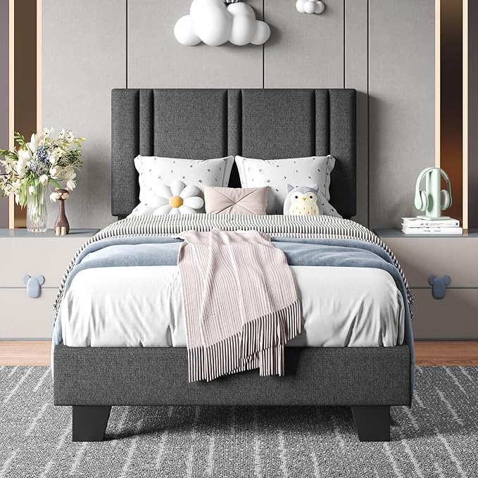 Upholstered Twin Size Bed Frame with Linen Fabric Headboard, Strong Wooden Slats Support, Noise Free, No Box Spring Needed, Dark Grey