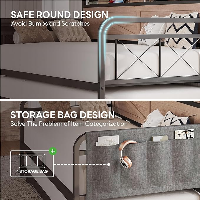 LIKIMIO Twin Daybed with Trundle Bed, Storage Headboard with Charging Station, Sofa Day Bed with Strong Supports for Living Room, Bedroom, and Guest Room, Wood Color