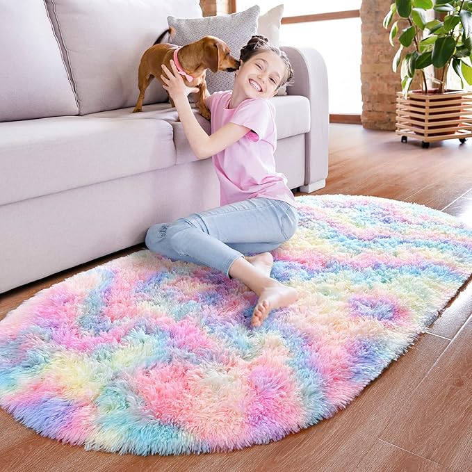 Noahas Fluffy Rainbow Rugs for Bedroom Girls,2'X5' Oval Throw Rug for Kids Room,Shag Hallway Runner Rug,Small Soft Shaggy Bedside Non-Slip Plush Nursery Dorm Carpet Home Decor
