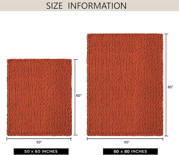 Chunky Knit Throw Blanket 50"X 60", 100% Handmade with Soft Chenille Yarn, 4.4lbs Thick Cable Knitted Blankets, Large Rope Knot Crochet Throws for Couch Sofa Bed Home Decor, Rust