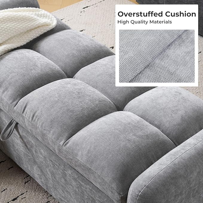 Oversized Chenille Ottoman Bench with Storage, Upholstered End of Bed Bench for Bedroom, Ottoman Foot Rest for Living Room, Light Grey