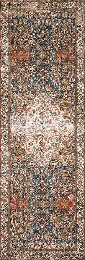 Loloi Layla Collection LAY-05 Ocean/Multi 2'-6" x 7'-6" .13" Thick Runner Rug, Soft, Durable, Vintage Inspired, Distressed, Low Pile, Non-Shedding, Easy Clean, Printed, Living Room Rug