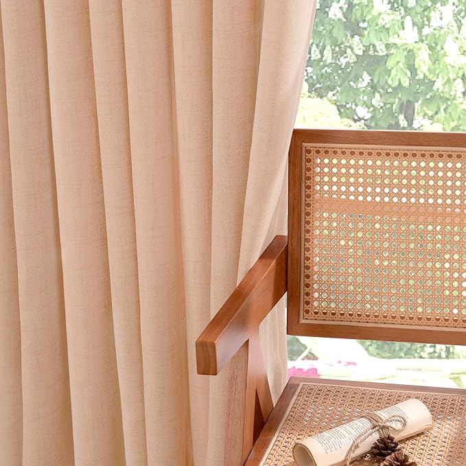 YoungsTex Peach Linen Semi Sheer Curtains 84 Inches Length 2 Panels for Bedroom, Light Filtering Drapes with Bronze Grommet Window Treatments for Dining Living Room, 52 x 84 Inch