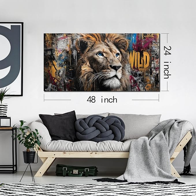 JuhaiArt Graffiti Wall Art Lion Picture Brown Wall Decor Animal Wall Art Canvas for Living Room Bedroom Home Office Prints Colorful Artwork 24" x 48"