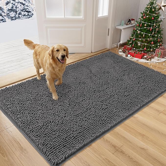 Amyracel Dirt Trapping Door Mat, 36" x 72" Large Absorbent Dog Door Mat for Muddy Paws, Quick Dry Non Slip Chenille Mud Mat for Dogs, Machine Washable Entry Indoor Entryway Rug for Inside Floor