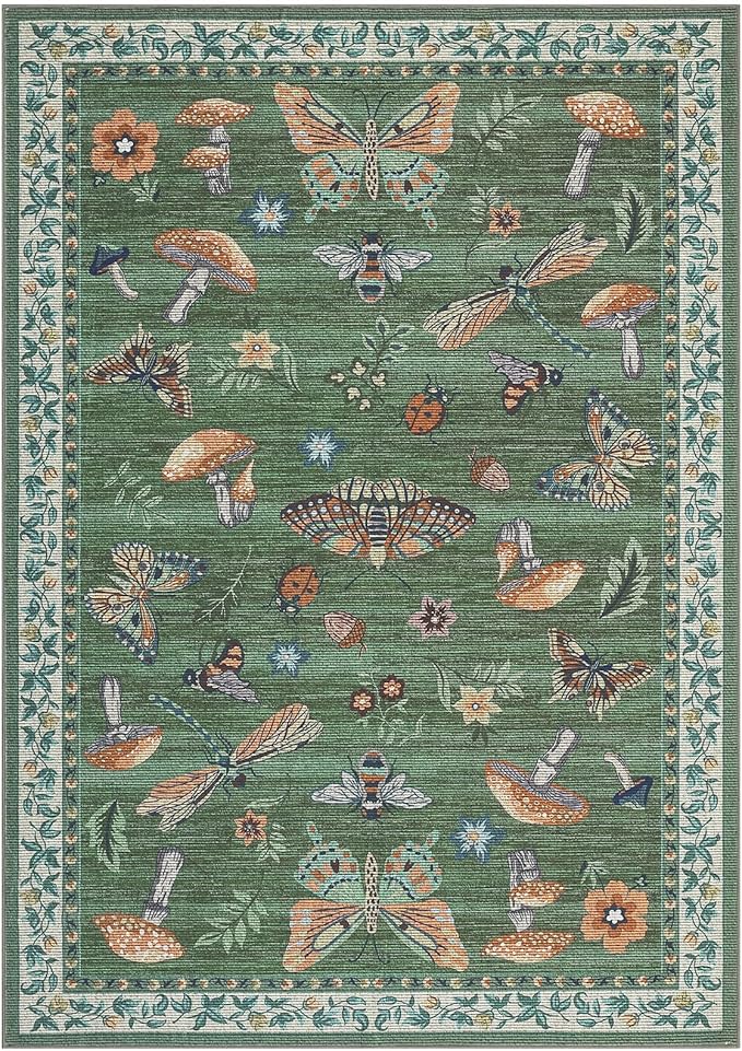Mushroom Washable 8x10 Rug for Living Room Non Slip 8 x 10 Rug for Bedroom with Rubber Back Soft Low-Pile Stain Resistant Foldable Large Carpet for Office Nursery Dining Room Green