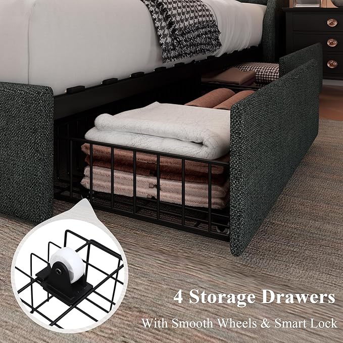 Feonase Upholstered Full Size Bed Frame with 4 Storage Drawers, Charging Station, Tufted Wingback Storage Headboard, No Box Spring Needed, Easy Assembly, Dark Grey