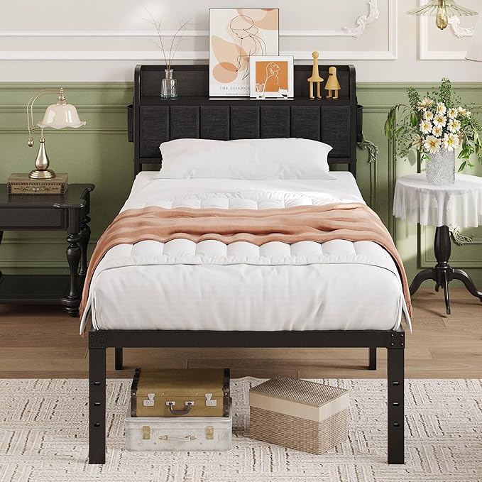 16 Inch Twin XL Bed Frames with Storage Headboard, Modern Design Metal XL Twin Bed Frame No Box Spring Needed, Easy Assembly, Black