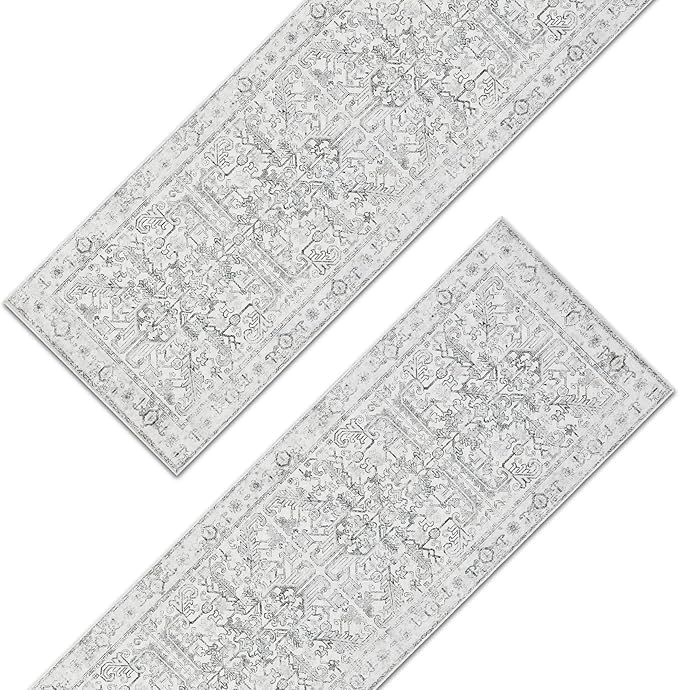 jinchan Lima Kitchen Runner Rug 2x5-2pcs, Vintage Hallway Rug Washable Floral Non Slip with Rubber Backing Soft Carpet Runner for Bedroom Laundry Room Living Room Grey