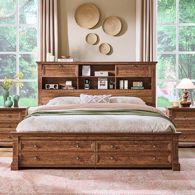 Farmhouse Queen Size Bed Frame with 54" Tall Storage Bookcase Headboard, Wood Platform Bed Frame with 18" Tall Roman Column Decoration Footboard & 2 Drawers, No Box Spring Needed(Reclaimed Barnwood)