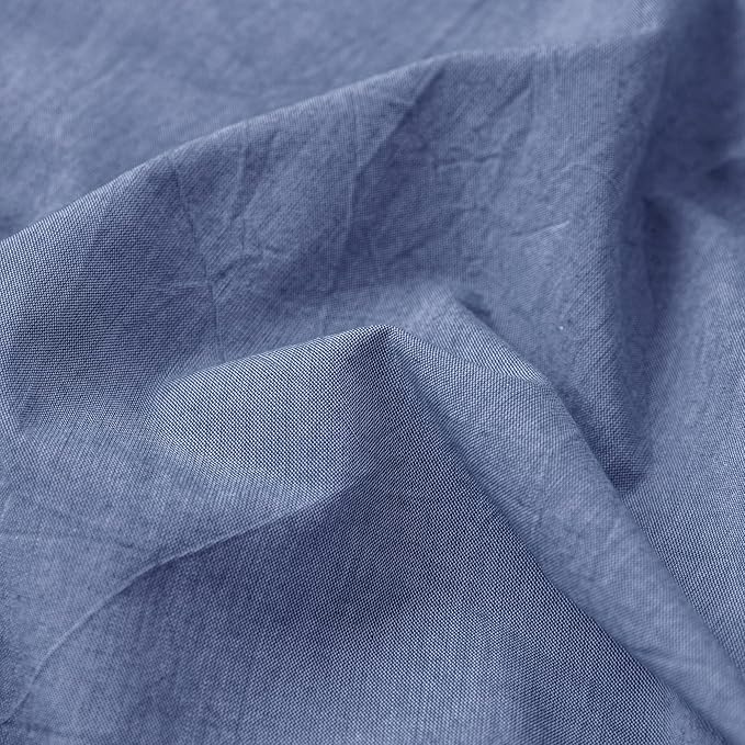 MooMee Fitted Bottom Sheet Only 100% Washed Cotton Linen Like Textured Breathable Durable Soft Comfy Deep Pocket Fits Mattress up to 17" (Blue, King)