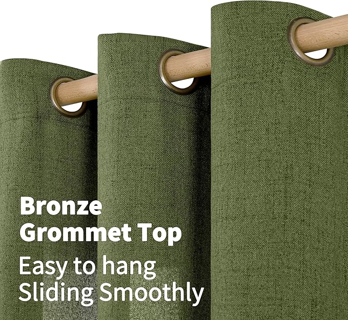 YoungsTex Olive Linen Curtains 63 Inch Length 2 Panels for Living Room Window, Dark Green Semi Sheer Drapes Light Filtering with Bronze Grommet for Bedroom Office, 42 X 63 Inch