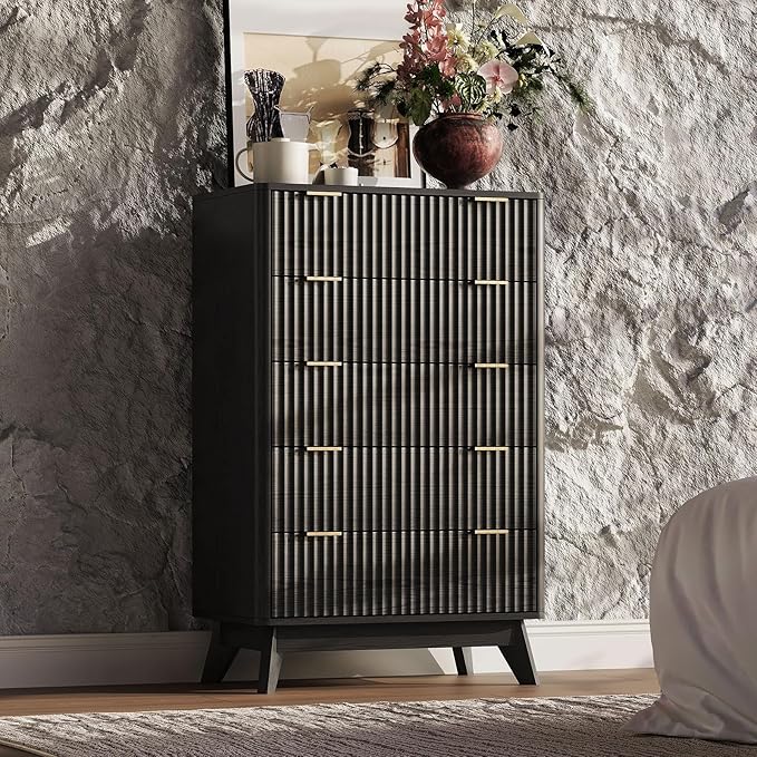 43'' Hight 5 Drawers Dresser for Bedroom,Modern Fluted Vertical Chest with Rounded Corners,Fluted Dresser for Living Room,Hallway, Black