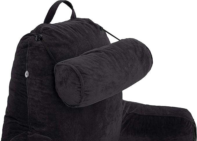 Husband Pillow Medium Black, Backrest for Kids, Teens, Petite Adults - Reading Pillows with Arms, Adjustable Loft, Plush Memory Foam, Bed Rest Chair for Sitting Up, Detach Neck Roll, Removable Cover