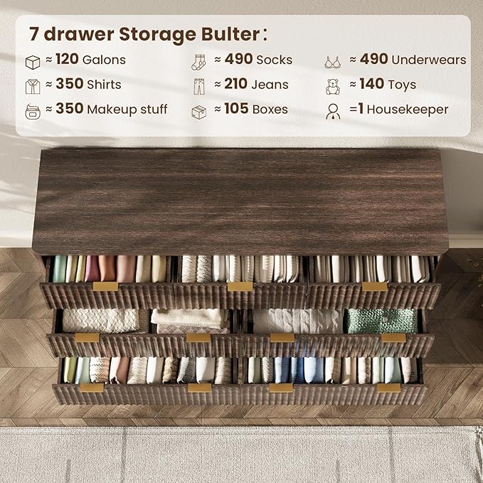 54'' Wide 7 Drawers Dresser for Bedroom,Modern Fluted Vertical Chest with Rounded Corners,Fluted Dresser for Living Room,Hallway, Walnut