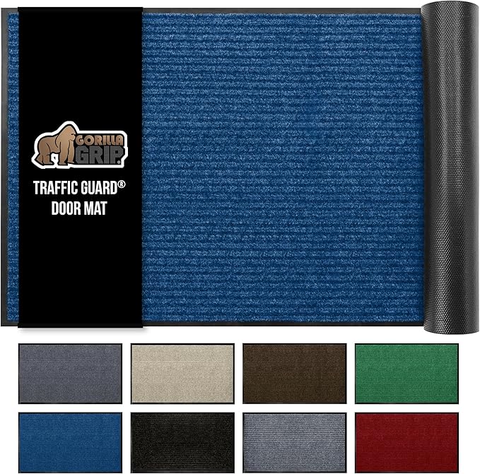 GORILLA GRIP Waterproof Traffic Guard Door Mat, 47x35, Heavy Duty Entryway Mats, Strong Rubber Back Commercial Utility Rugs for Office Hallway, Garage Floor and Home, Low Profile Carpet Runner, Blue