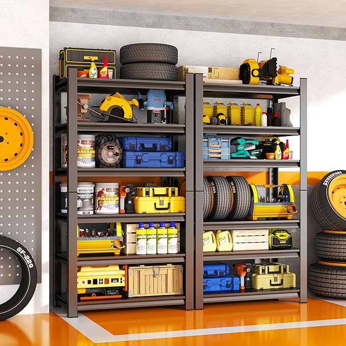 77'' Storage Shelves, Garage Metal Shelving Unit, Adjustable, Double-Layer Column with Reinforced Ribs, Heavy-Duty, Capable of Bearing 3600 lbs, Suitable for Garage, Warehouse, Kitchen Storage