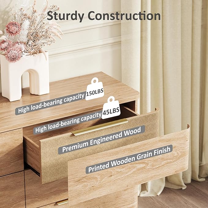 6 Drawer Dresser for Bedroom, 54" Wide Modern Chest of Drawers with Metal Handle, Curved Profile Design, Wooden Oak Dresser Closet Clothes Storage TV Stand for Living Room, Hallway